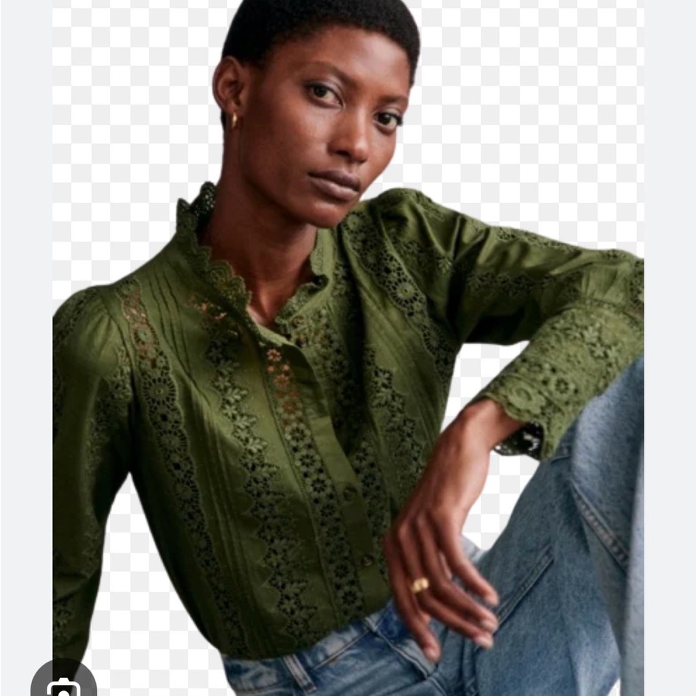 Sezane Olive Lace Button Down Shirt 38